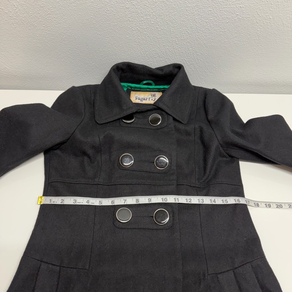 Sugarfly Girls Double-Breasted Flared Skirt Detail Black Wool Blend Peacoat Sz L - Picture 8 of 9